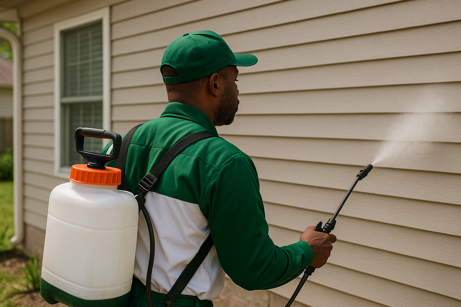 Professional pest control technician fumigating house